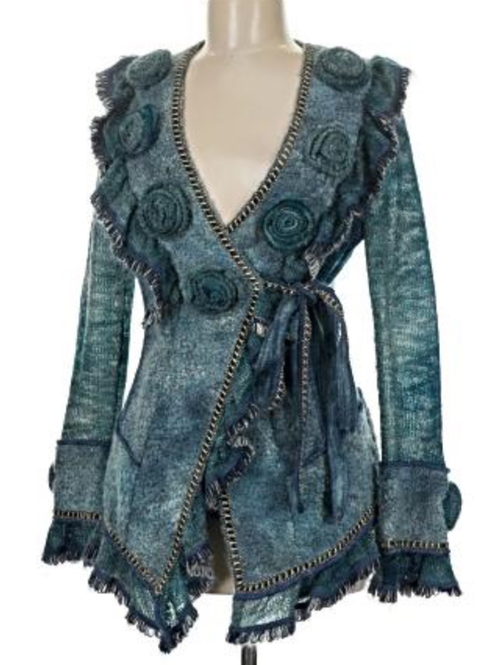 Stylish Boston Proper Teal Textured Wrap Cardigan Jacket Rosette Detail Size M - Picture 10 of 12